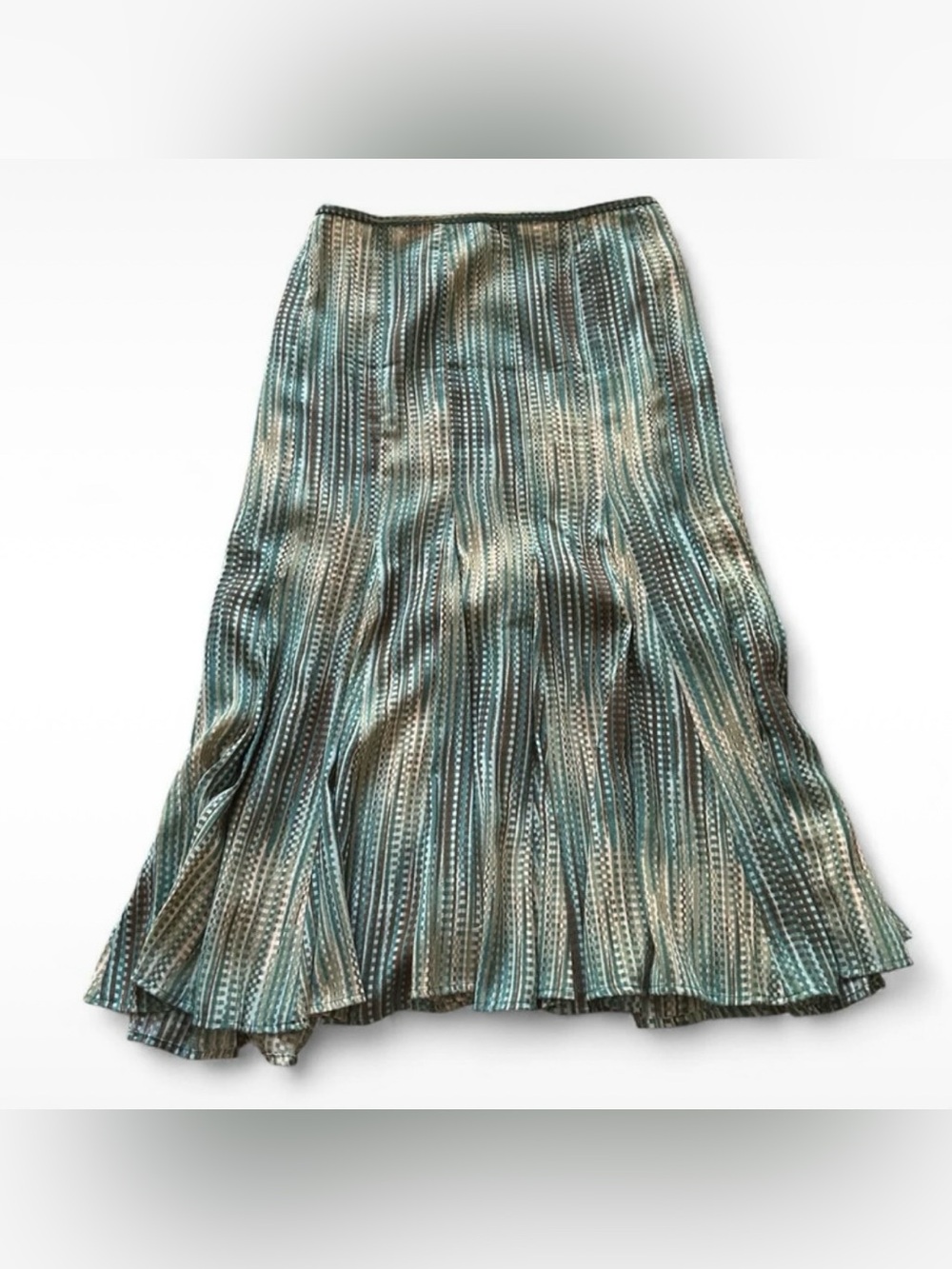 vintage kasper petite blue, green, beige, and brown patterned midi skirt